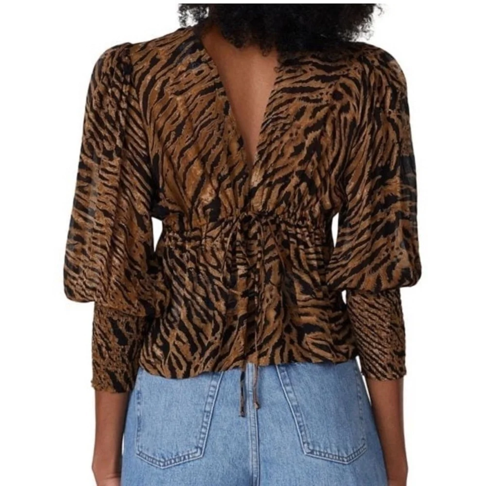 Gianni Tiger Print Bishop Sleeve Top Tie Back Animal Print Brown Orange NEW